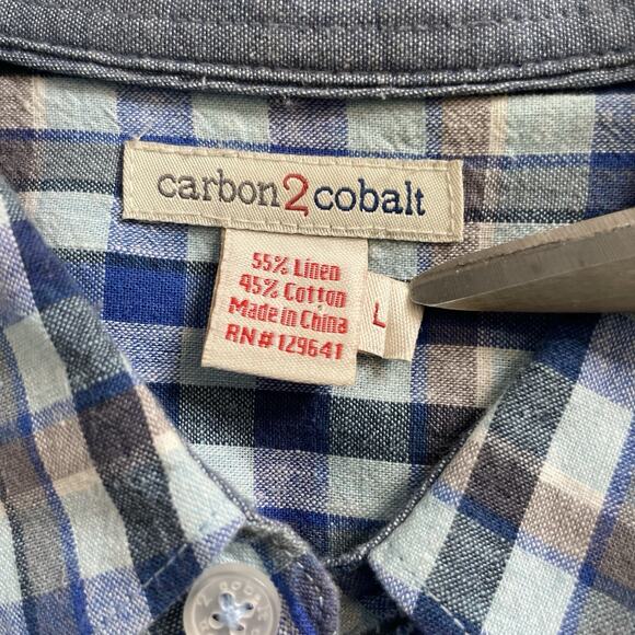 Carbon 2 Cobalt Men's Linen Check Button Up Shirt Size L Preppy Old Money Casual - Picture 5 of 13